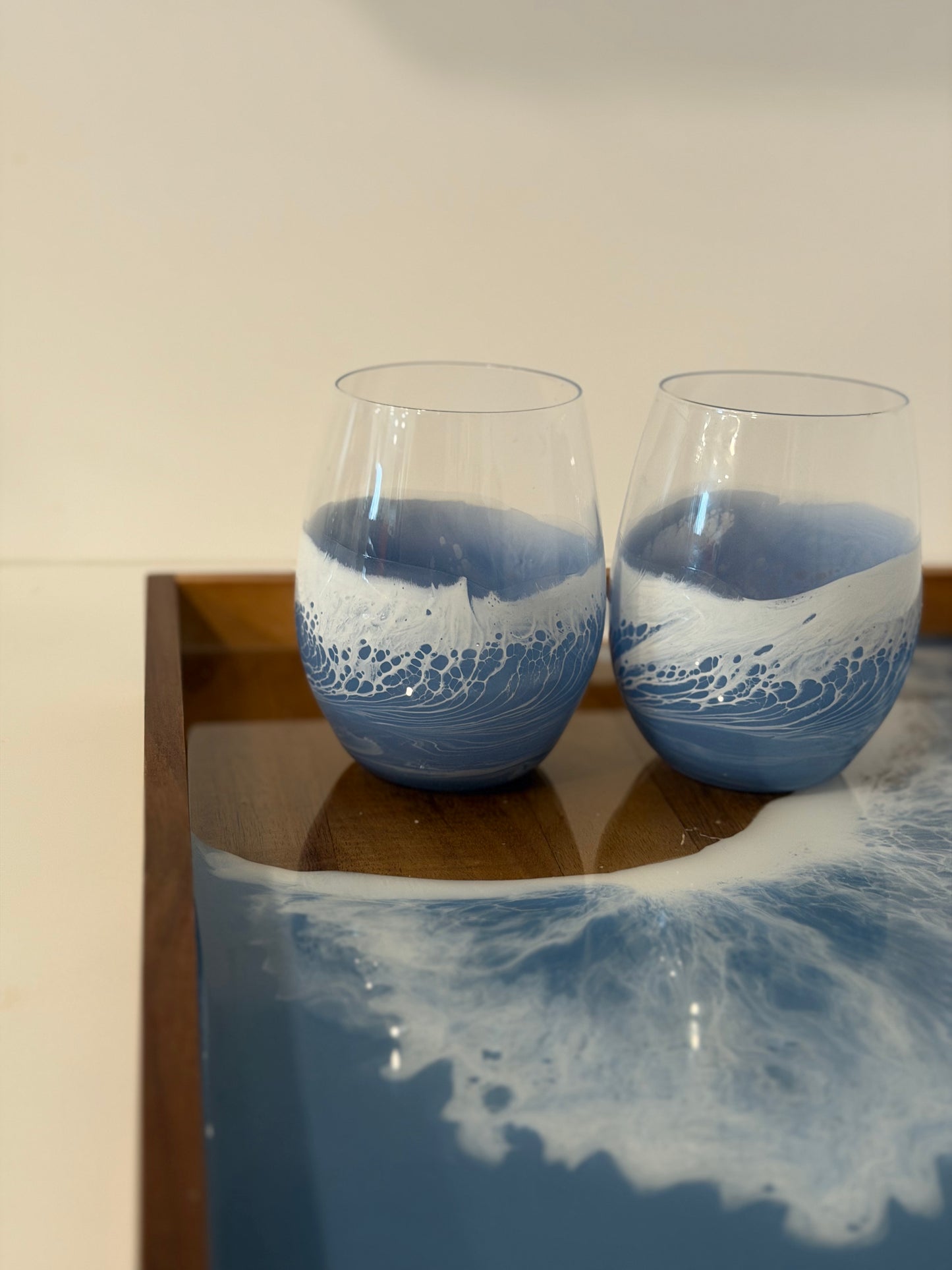 French Blue Ocean Wave Serving Tray with Set of 2 Wine Glasses