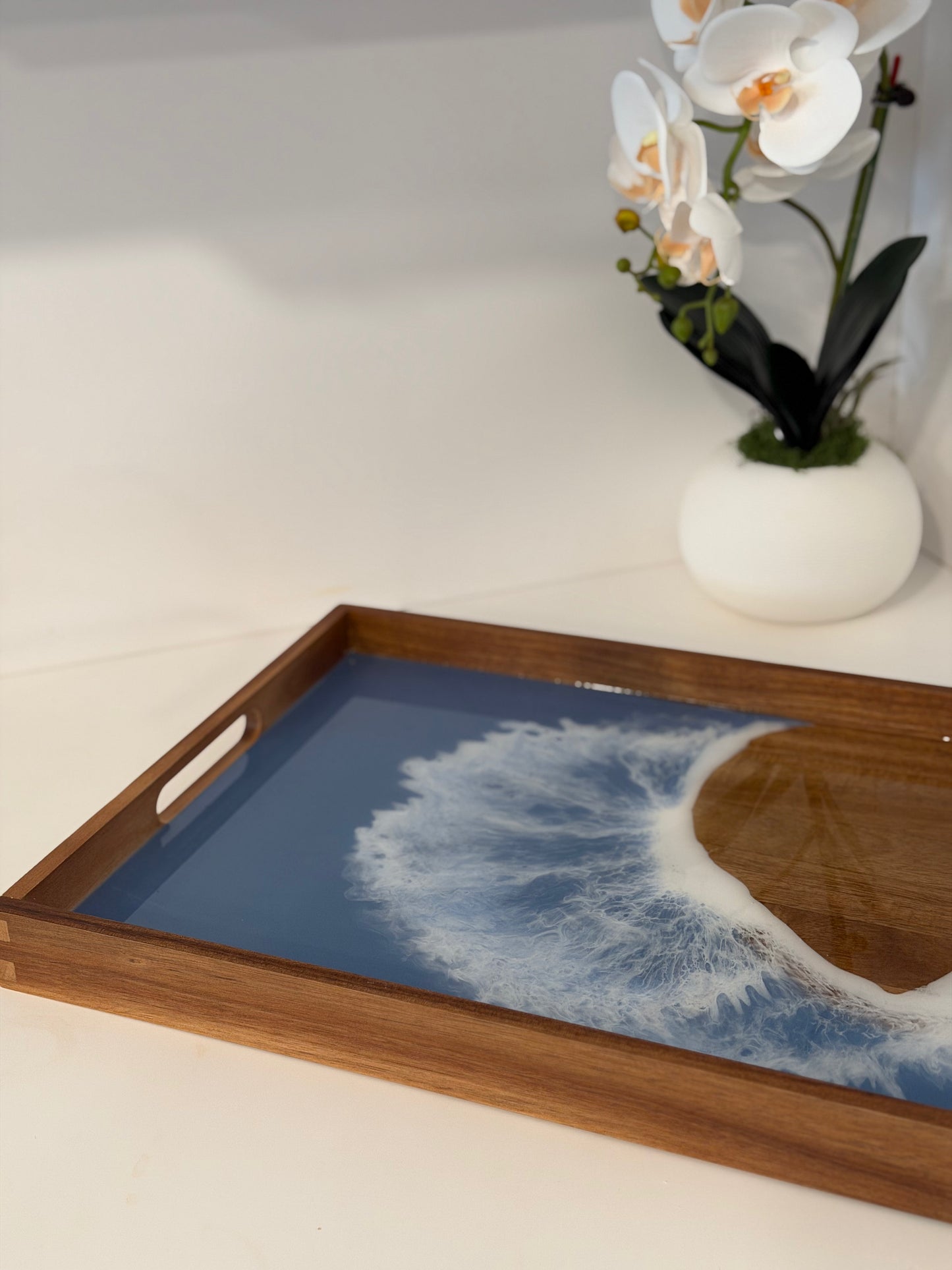 French Blue Ocean Wave Serving Tray with Set of 2 Wine Glasses